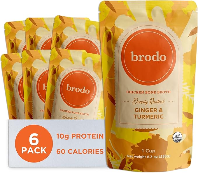 Brodo Deeply Rooted Organic Chicken Broth with Turmeric &amp Ginger Nutrient-Rich Chicken Bone Broth Organic High in Protein and Collagen for Wellness and Cooking (6x 8.3 oz. Pouches)