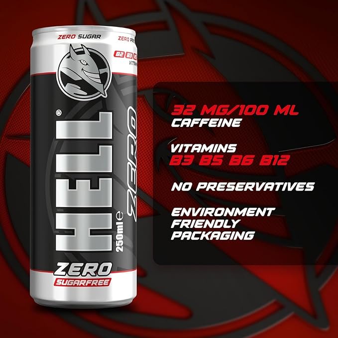 HELL ZERO Energy Drink | 32 mg/100 ml Caffeine | Vitamins B3 B5 B6 B12 | No Preservatives | Environmentally Friendly Packaging | 24 x 250ml | Compatible with HELL Energy