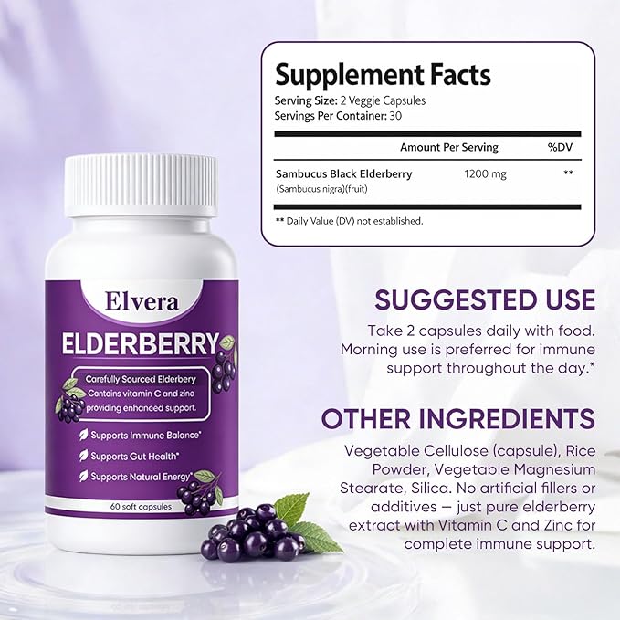 Elvera Gut Support Complex - Organic Black Elderberry Soft Capsules - 1200mg Elderberry Extract Vitamin C Zinc Daily Immune &amp Gut Support | Vegan Non-GMO | 60 Softgels