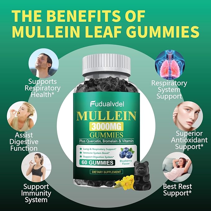 2 Packs 3000MG Organic Mullein Gummies for Lung Mullein Leaf Extract for Lungs - Quercetin Bromelain for RespirationImmune and Digestive Support 120 Count Blueberry Gummys