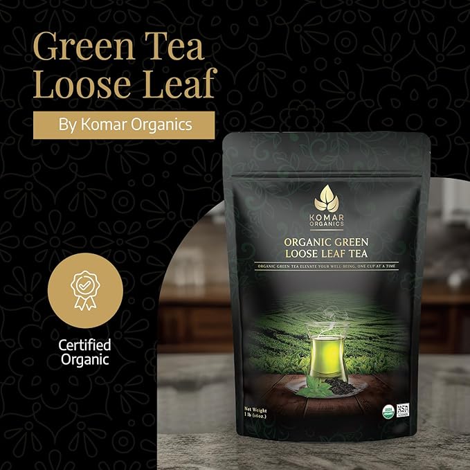 Komar Organics Loose Leaf Green Tea – 16Oz USDA Organic for Energy Boost Antioxidants – Certified Kosher Delicate Flavor Assam Tea Organic Tea Leaves Ideal for Morning Afternoon