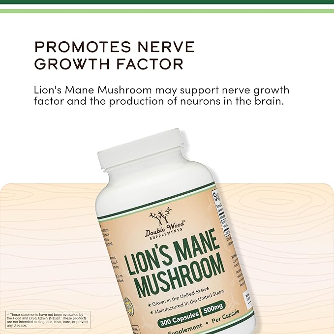 Organic Lions Mane Mushroom Capsules (300 Count) for Focus Support and Immune Health Third Party Tested and Grown in The USA - by Double Wood