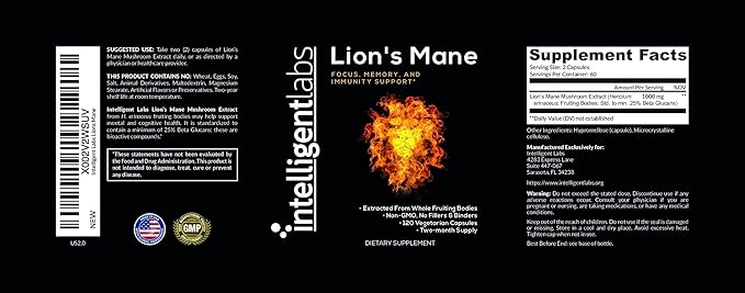 Intelligent Labs Lion’s Mane Mushroom Capsules Extracted from The Fruiting Bodies of Hericium Erinaceus Minimum 25% Beta Glucans No Grain Fillers 2-Month Supply