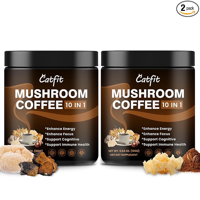 Catfit Instant Mushroom Coffee Powder 10-in-1 Adaptogen Blend with Lion's Mane Chaga &amp Cordyceps for Energy Focus Gut Health &amp Immune Support - 320g 100 Servings