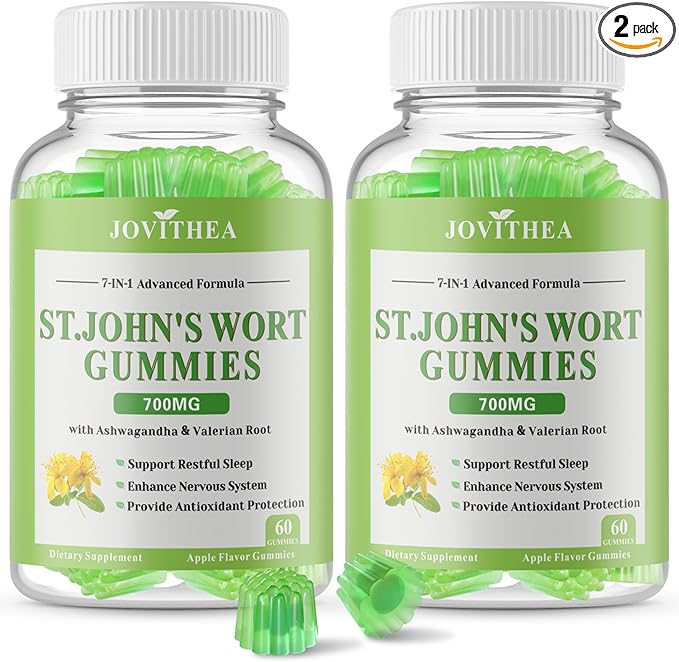 2 Pack St John's Wort Gummies 700mg Natural Herbal Supplement for Adults &amp Kids Support Calm Relaxation &amp Brain Health Vegan Non-GMO Gluten Free Apple Flavor 120 Count