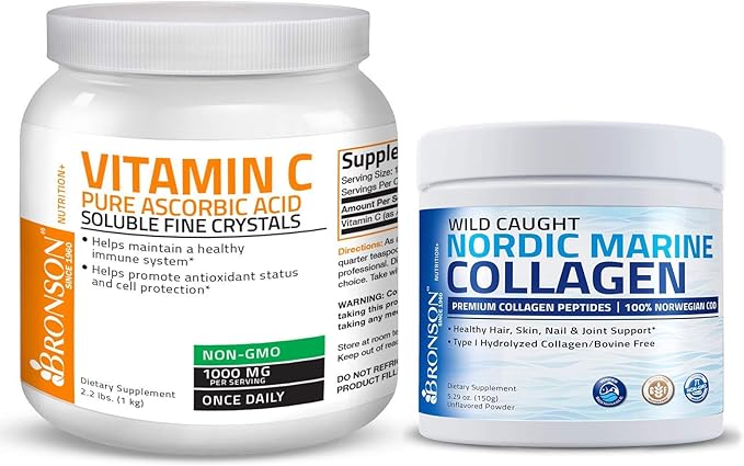 Bronson Marine Collagen Peptides Hydrolyzed Protein Powder 100% Wild Caught Nordic Cod Vitamin C Powder Pure Ascorbic Acid Soluble Fine Non GMO Crystals