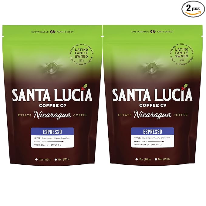 Santa Lucia Coffee Café Crema Espresso Roast Coffee - Specialty Volcanic Nicaraguan Espresso Roast - Farm-Direct Low-Acid - Dense Golden Crema - 91-Point Small-Batch - Ground - 16oz (Pack of 2)