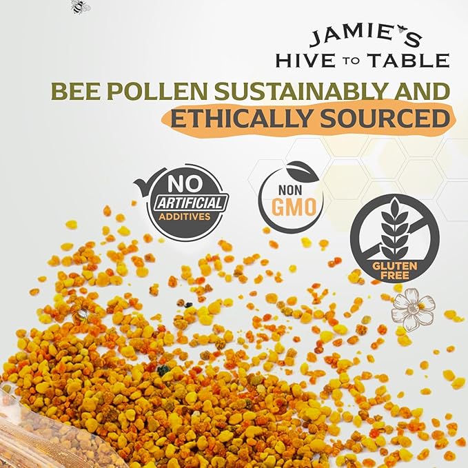 Jamie’s Hive to Table Raw Bee Pollen 10 oz – 100% Pure Bee Pollen – Harvested from Flowers Naturally Dried for Freshness – Great for Smoothies Oatmeal &amp Recipes