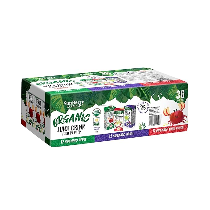 Sunberry Farms Organic Variety Pack Juice Boxes 6.75 fl oz (36 Pack) | Apple Fruit Punch &amp Grape | USDA Organic Kids Drinks | No Artificial Flavors or Colors | Lunch Box Ready | Shelf-Stable