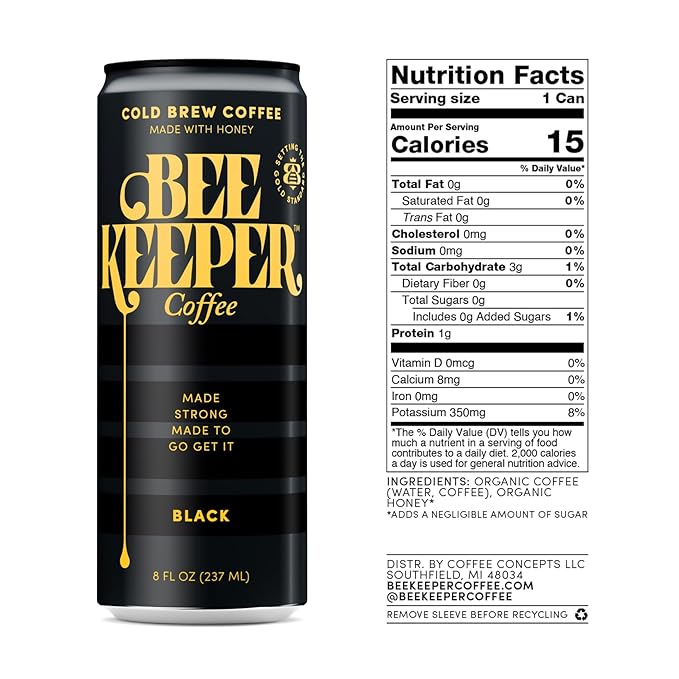 Beekeeper Black Cold Brew Coffee Drinks with Oregon Honey | 12 Pack Refreshing Iced Coffee - Unsweetened &amp Strong Arabica Brew 8 fl oz Ready-to-Drink Can - 180mg Natural Caffeine