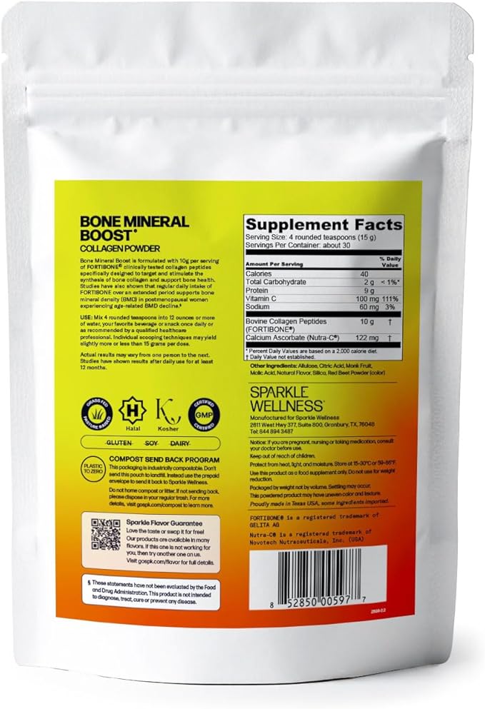Sparkle Wellness FORTIBONE Bioactive Collagen Peptides | Collagen Powder Supplement with Nutra C Buffered Vitamin C for Bone Health | Bone Mineral Boost (Acai Lemonade) [30 Serves]