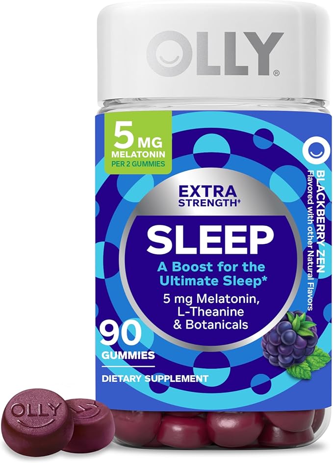 OLLY Extra Strength Sleep Gummy 5 mg Melatonin L-Theanine Chamomile Lemon Balm Extracts Sleep Aid BlackBerry Flavor - 90 Count