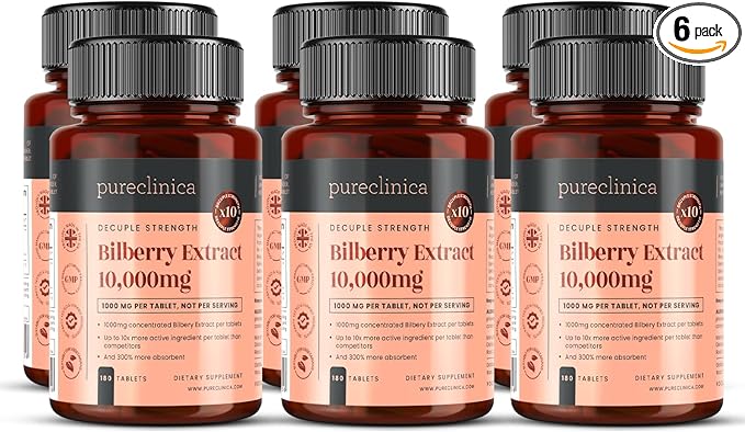 pureclinica Bilberry Extract 10000mg x 1080 Tablets (6 Bottles of 180) - 10 X More anthocyanidins