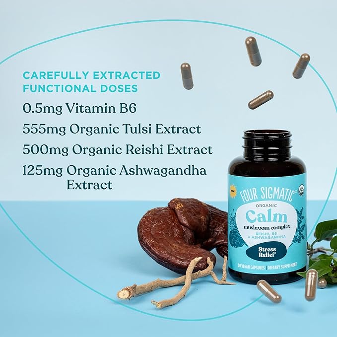 Four Sigmatic Calm Capsules | Vegan Stress Relief Supplement to Promote Positive Mood with Organic Ashwagandha Powder Organic Reishi Mushroom Tulsi (Holy Basil Extract) Vitamin B6 | 30 Servings