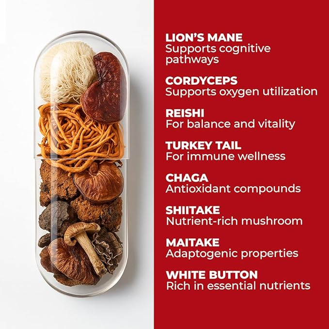 GOBIOTIX Focus Lion's Mane Supplement - Mushroom Complex - Nootropics Adaptogen Vitamins - Memory Clarity Energy Immune Support Cordyceps Reishi Chaga and Maitake - 90 Capsules