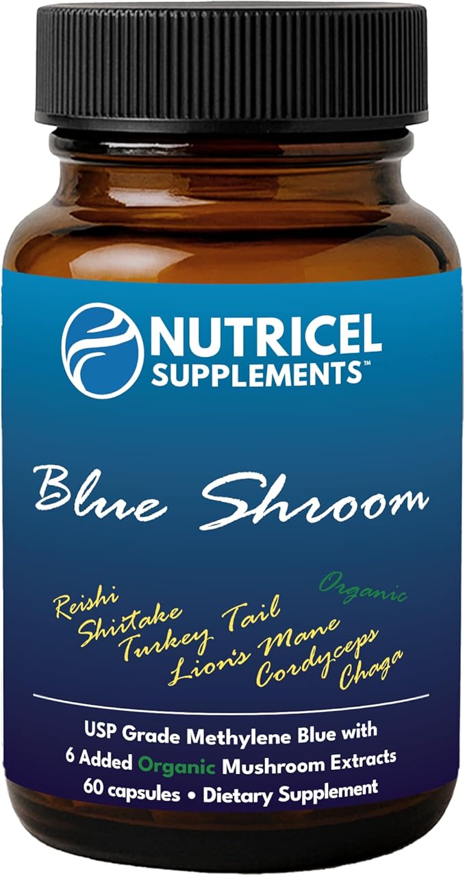 Methylene Blue Capsules with Mushroom Extracts: Lion's Mane Reishi Cordyceps Chaga Shiitake Turkey Tail - Trusted Made in America - 7mg (USP Grade) (60ct)