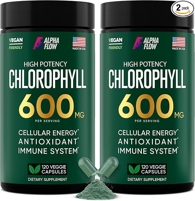 Alpha Flow [2 Pack Chlorophyll Capsules 600mg - Chlorophyll Supplement for Energy &amp Skin - Internal Deodorant for Women &amp Men - Alternative to Liquid Drops - 240 Vegan Pills