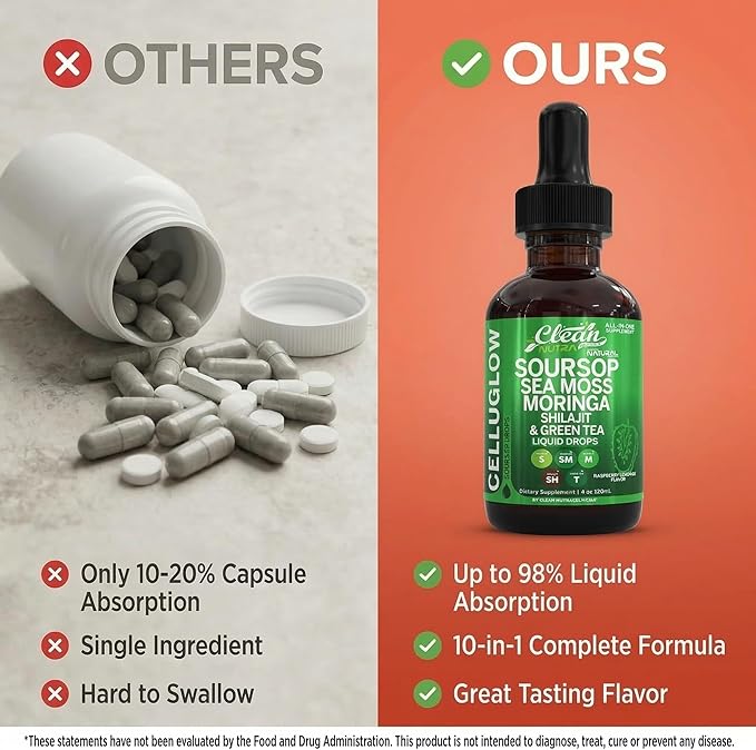 Clean Nutra Soursop Liquid Drops Sea Moss Moringa Shilajit Green Tea Vitamin D Vitamin C Garlic Supplements Grape Seed Lycopene Turmeric Root 4 Oz Immune Support &amp Cellular Health by Clean Nutra