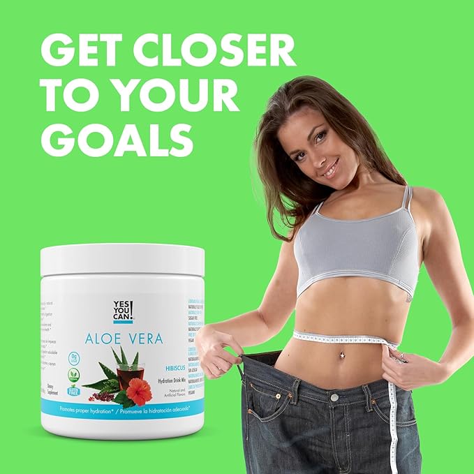 Yes You Can! Aloe Vera Powder Drink Mix - Hydration Booster Infused with Pure Organic Aloe Vera Extract - Delicious Flavors - Made in USA - Antioxidant Rich - Hibiscus Flavor - 40 Servings Per Caniste