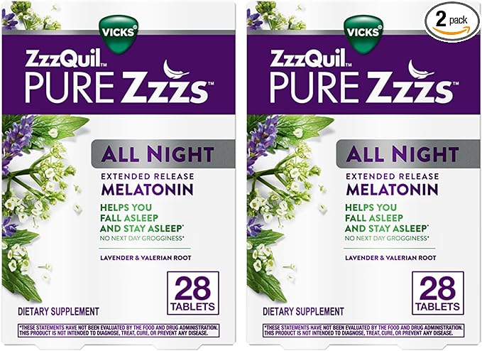 ZzzQuil Pure Zzzs All Night Extended Release Melatonin Sleep Aid Tablets Helps You Stay Asleep Longer Sleep Aid for Adults 2 mg per Tablet 56 Total Tablets (2 Packs of 28)