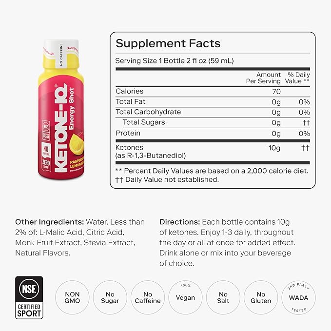 Ketone-IQ No Caffeine Exogenous Ketones Energy Shots - 24 Pack of Caffeine Free Energy Drinks with 10g Ketones - Sugar Free Salt Free and All Natural (Raspberry Lemonade)