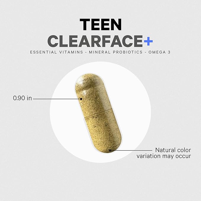 Codeage Teen Clearface Adolescent Face Skin &amp Pimples Vitamins A C D3 E Pantothenic Acid Niacin Zinc Supplement Teenagers Probiotics L-Lysine Omega-3 Oily Skin Pores Spots - 60 Capsu