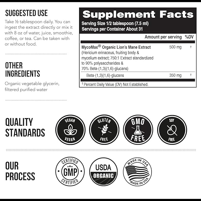 MycoMax Lions Mane Extract - 70% Beta Glucans Max Potency Organic Lions Mane Supplement US Grown + Ultrasonic Extraction - 500 mg per serving - Mental Clarity Focus and Memory - 8 oz.