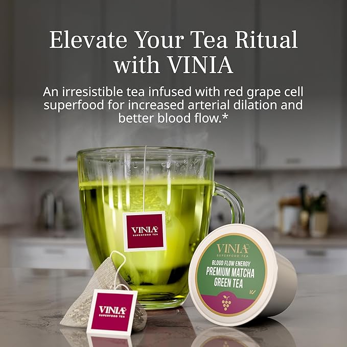 VINIA Premium Matcha + Green Tea K-Cup Pods Made with Organic Tea Infused with Piceid Resveratrol for Heart Health Nitric Oxide Physical Energy Alertness Blood Flow Keto Kosher NON-GMO. 30 Ct