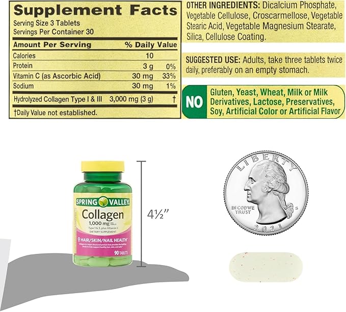 Collagen Type 1 &amp 3 Plus Vitamin C Hair Skin Nails Health Dietary Supplement Tablets 1000 mg 90 Count by Spring Valley (Pack of 1) + VSL Sticker