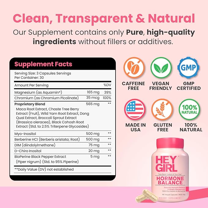 Hey Girl Hormone Balance for Women – 13-in-1 Menopause PMS &amp Cycle Support – Mood &amp Hot Flash Support – w Myo-Inositol Berberine Maca Root Black Cohosh DIM Dong Quai