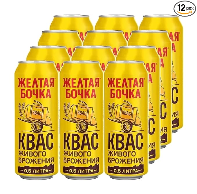 Imported Russian Rye Bread Soft Drink Kvass Yellow Barrel Trehsosnensky 0.5l / 16.91 fl oz - Pack of 12 - Zheltaya Bochka