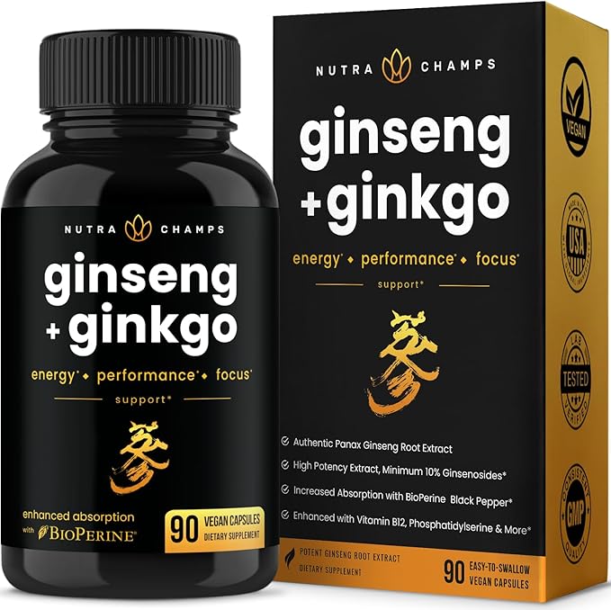 NutraChamps Korean Red Panax Ginseng Capsules | Extra Strength Ginsenosides for Energy Focus Performance Vitality &amp Immune Support | Korean Red Ginseng Root Extract (90 Premium Gold)