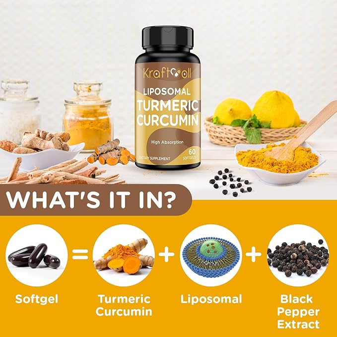 Liposomal Turmeric Curcumin 2200 mg with Black Pepper for Enhanced Absorption and Joint Support 60 softgels (2 Bottles)