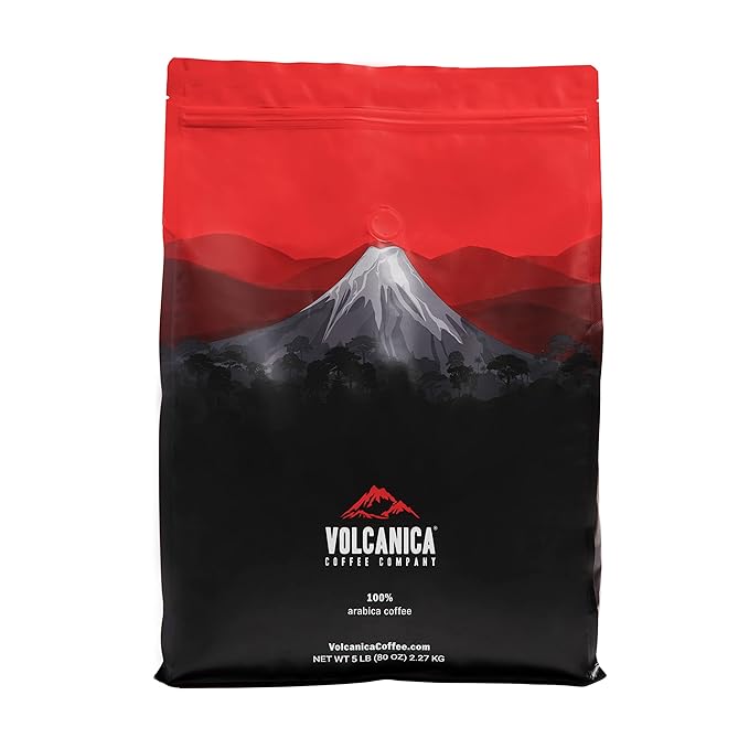 Volcanica Espresso Decaf Coffee Dark Roast 100% Arabica Espresso Roast Ground Bold Sweet Flavor Swiss Water Process Fresh Roasted Kosher Vegan Gluten-Free 5 lbs