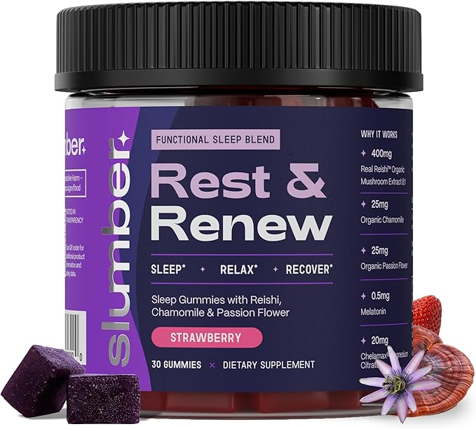 Slumber Rest &amp Renew Sleep Gummies Vegan Sleep Aid With Organic Passion Flower Chamomile &amp Pure Reishi Mushroom to Support Relaxation Before Bed Plant Based Low Sugar Strawberry Flavor