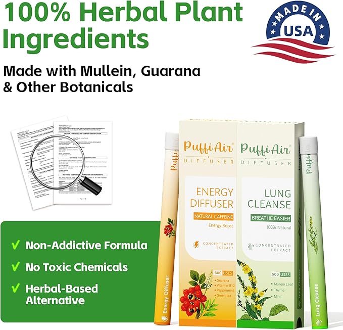 Herbal Diffuser Duo Detox and Energy Diffuser Pens with Extract of Mullein and Natural Caffeine 100% Natural Swap Home &amp Work Duo 600 Uses Each