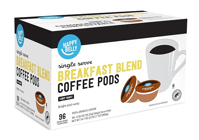 Amazon Brand - Happy Belly Breakfast Blend Compostable Coffee Pods Light Roast Compatible with K-Cup Brewer 96 Count