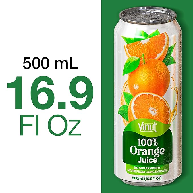 VINUT 100% Orange Juice No Added Sugar Never From Concentrate 16.9 fl oz (500 mL) Can Pack of 24