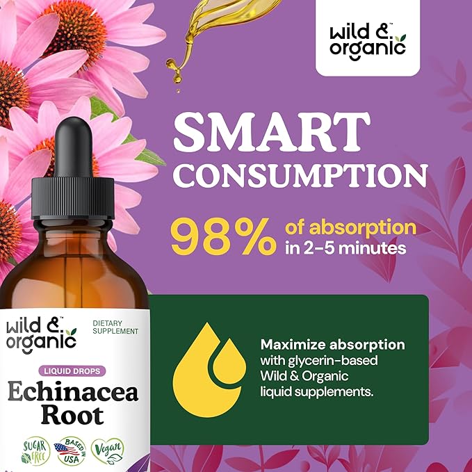 Wild &amp Organic Echinacea Drops - Immune Support Supplement with Echinacea Angustifolia - Liquid Root Extract Tincture - Vegan Sugar &amp Alcohol-Free - 4 fl oz