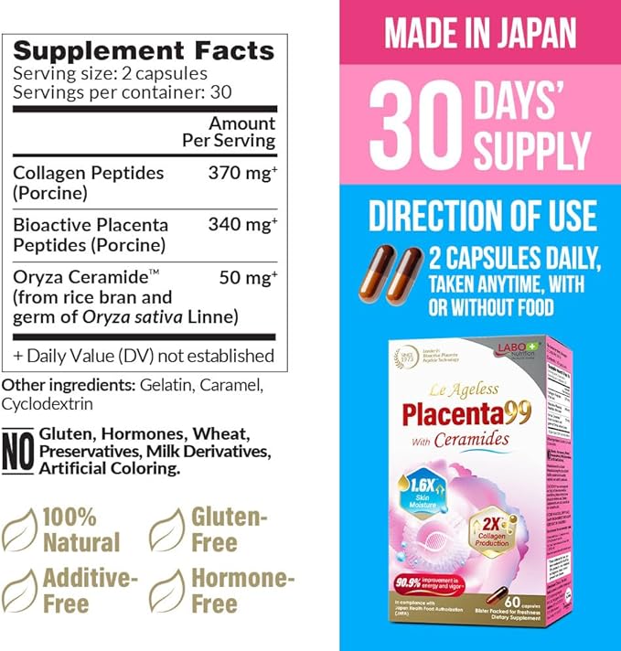 LABO Nutrition Le Ageless Placenta 99 with Ceramides -Placenta Supplement with Collagen Peptides Oryza Ceramides-Skin Regeneration Hydration Anti-Aging Wrinkle Support Immune Health 60 Capsulesx3