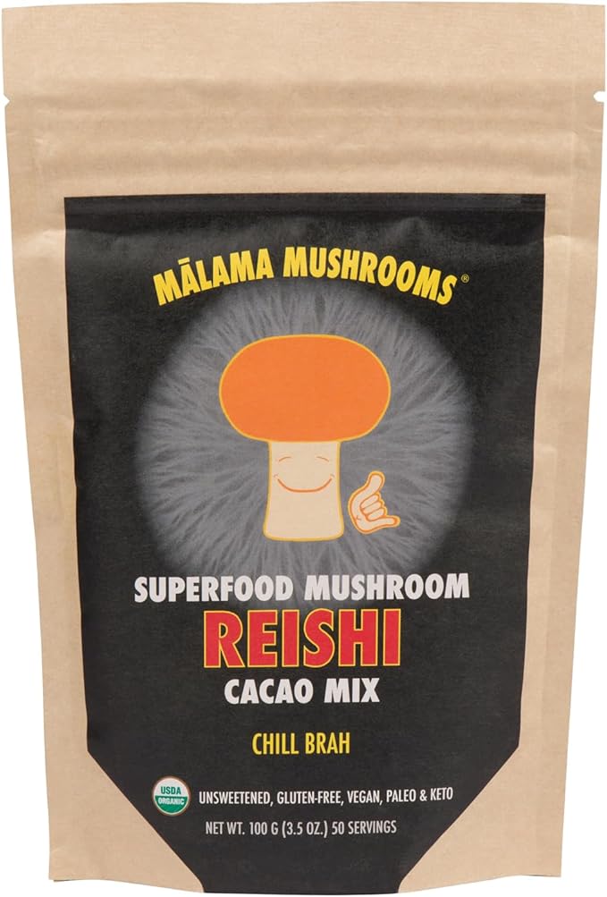 Malama Organic Mushroom Hot Cacao Mix Reishi Mushroom Powder with Fair Trade Cacao for Immune Support &amp Relaxation – Vegan Supplement &amp Superfood Non GMO 3.5 oz (50 Servings)