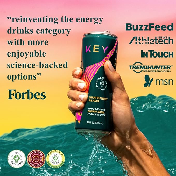 KEY Ketone Drink - Ketones for Energy &amp Focus Sugar Free &amp Low Caffeine from Green Tea with L-Theanine No Crash or Jitters All Natural Lightly Carbonated Variety Pack (Pack of 12)