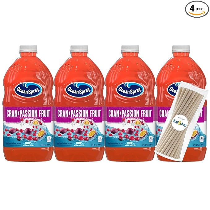 Ocean Spray Passion Fruit Fruit Juice Drink 64 fl oz Plastic Bottle 4 Pack + 15 Sugarcane Disposable Straws by KOOL8SHOP Infinite Deals