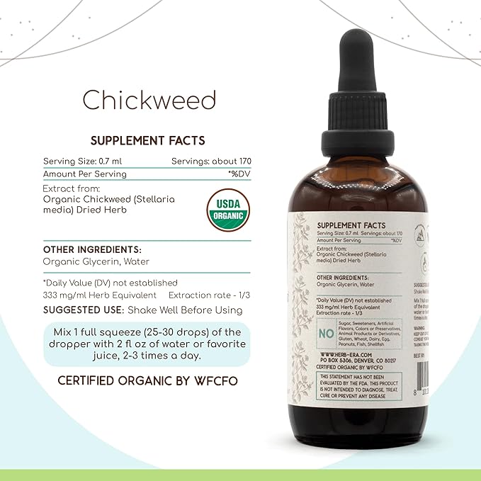 Chickweed B120 Alcohol-Free Herbal Extract Tincture Concentrated Liquid Drops Natural USDA Organic Chickweed (Stellaria Media) Dried Above-Ground Parts (4 fl oz)