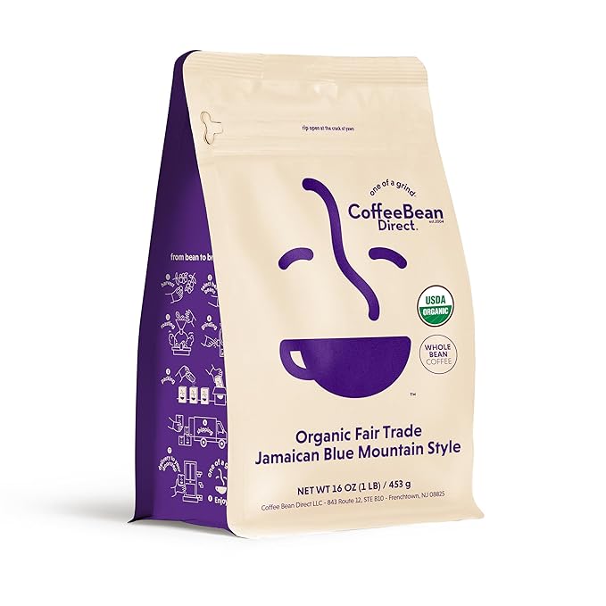 Coffee Bean Direct Organic Fair Trade Jamaican Blue Mountain Style Whole Bean Coffee Light Roast 1 Pound Bag (Pack of 1)