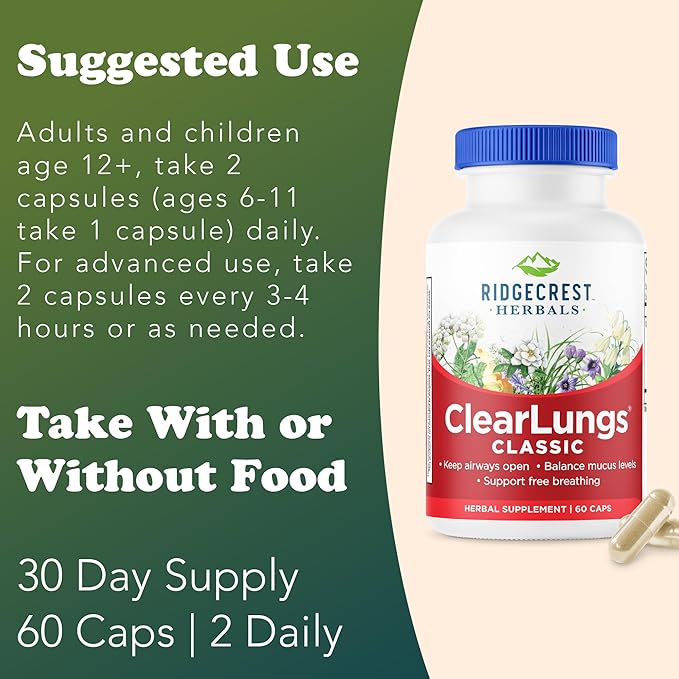 RidgeCrest Herbals ClearLungs Classic Daily Health Supplement Natural Lung and Nasal Wellness Formula for Bronchial Respiratory Immune Sinus and Mucus Support (60 Vegan Caps 30 Serv)