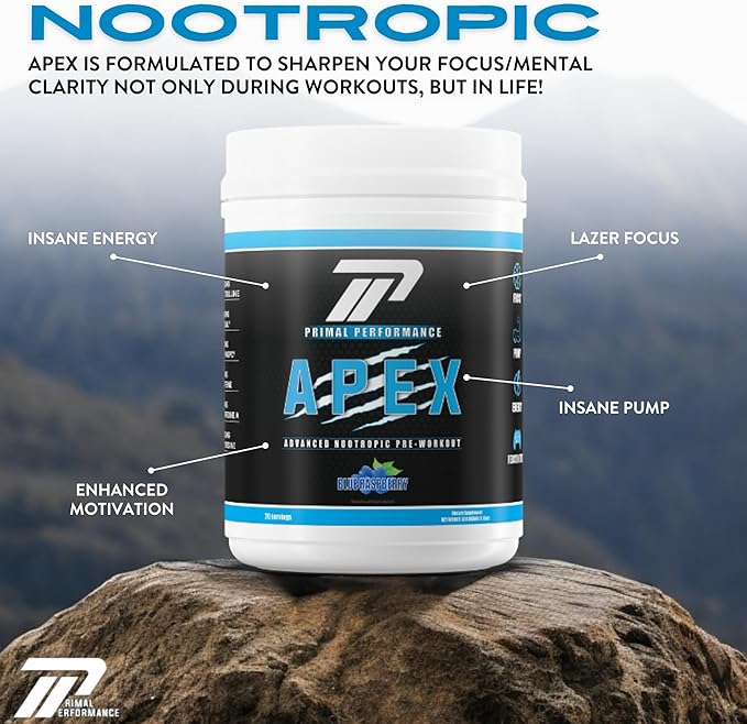 Primal Performance Apex Energy &amp Focus Nootropics Drink Mix | Wilderness Energy &amp Pre-Workout | 150 MG Caffeine L-Citrulline Noolvl AlphaGPC L-Tyrosine &amp More