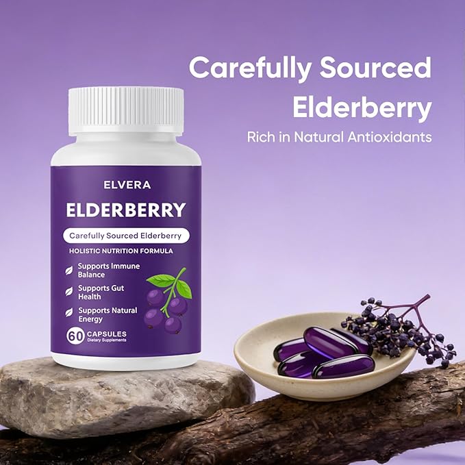 Elvera Elderberry Gut Support Complex - Organic Black Elderberry Soft Capsules with Zinc &amp Vitamin C – Immune Support Digestive Balance Natural Energy Daily Immune &amp Digestive Wellness 60