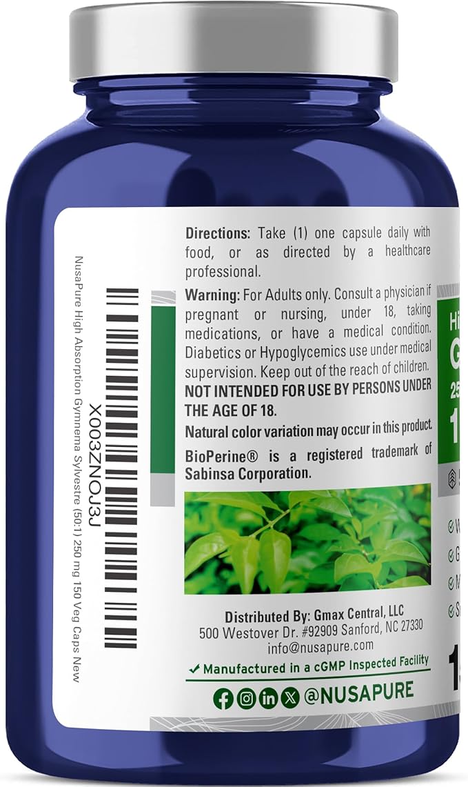 NusaPure Gymnema Sylvestre 50:1 Extract 250 mg Equivalent to 12500mg Per Vegan Caps - 150 Count (Non-GMO Vegan Bioperine) (Pack of 2)