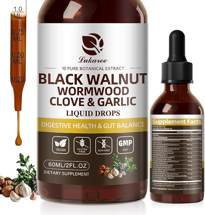 Lukaree Wormwood Black Walnut Clove Cleanse for Humans Tincture – Rapid Gut Detox &amp Digestive Health with Garlic Pumpkin Seeds Soursop Oregano 10:1 Ultra-Concentrated Liposomal Tech 98% Absorptio